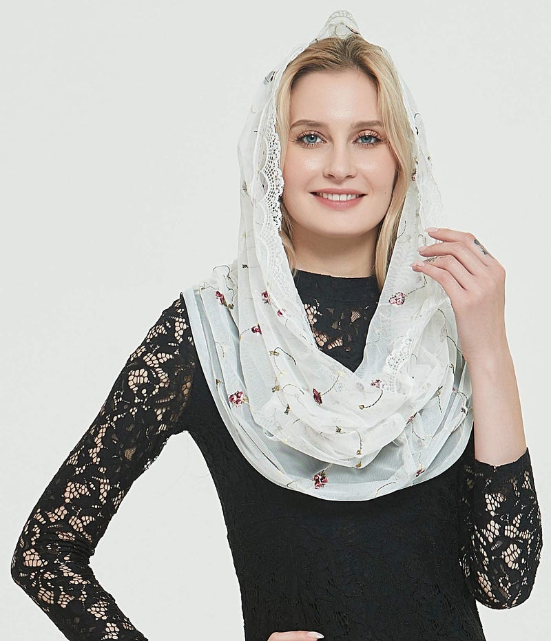 Leimandy Orthodox Veil Head Covering with Embroidered Flowers Catholic Chapel Mantilla Infinity Veil for Church Worship & Latin Mass V50 (Ivory Wrap) - Image 5